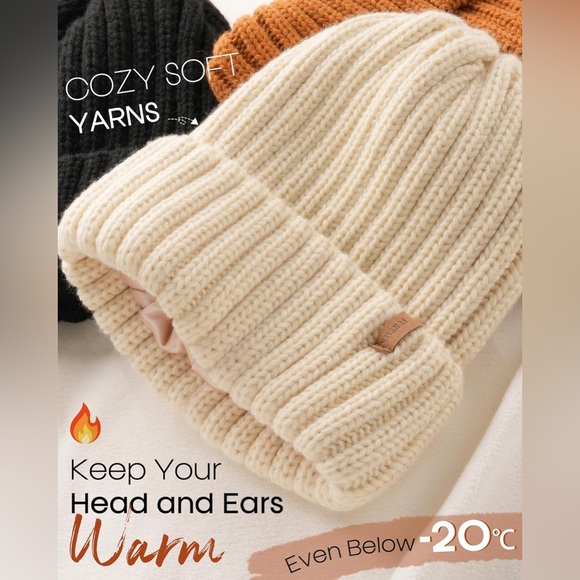 FURTALK Satin Lined Pom Pom Beanie Beige Faux Fur Knit Hat New - Picture 4 of 9